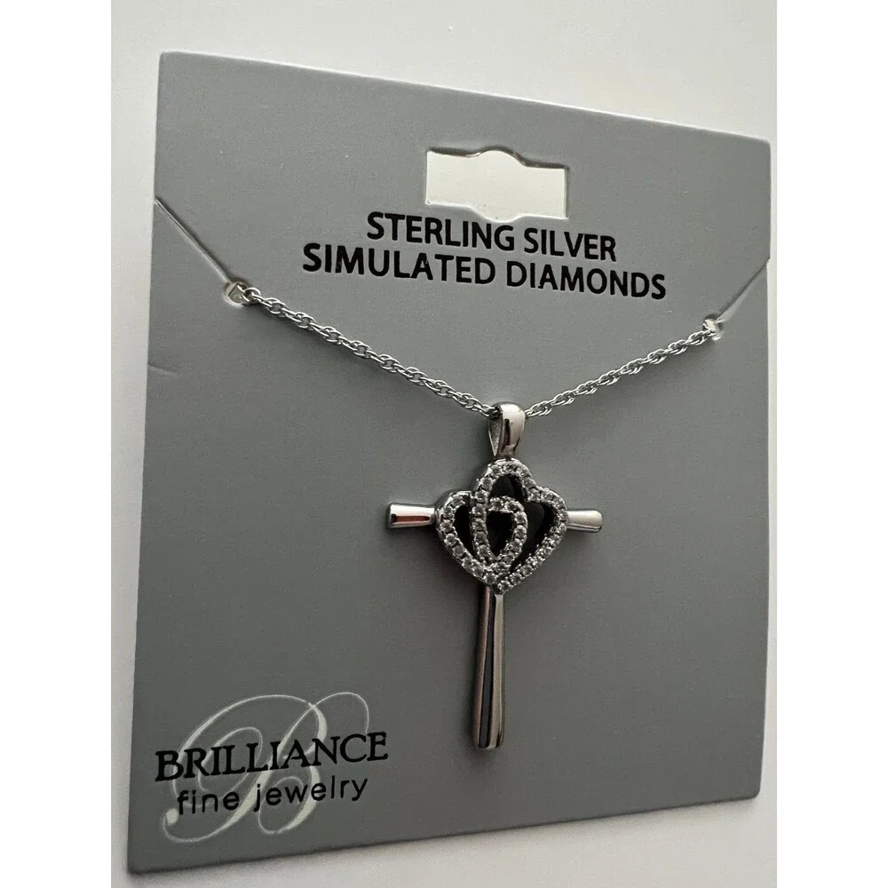 Cross Necklace 925 sterling silver simulated diamonds with two heart details New